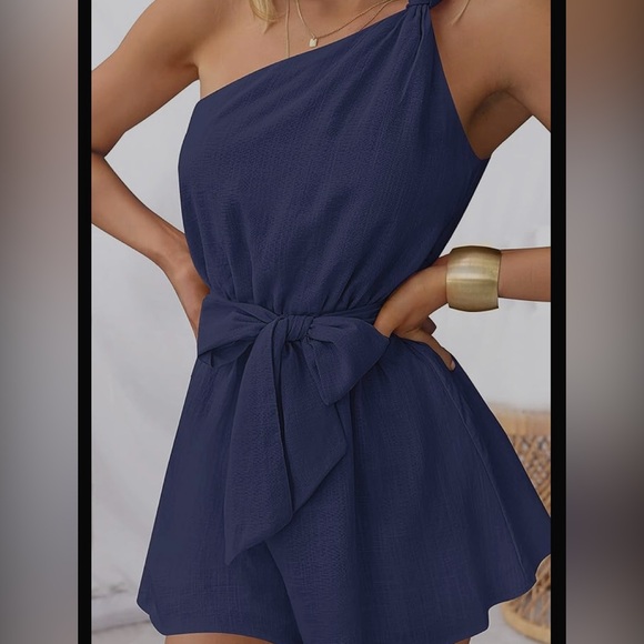 ZESICA Boho Summer Romper One Shoulder Sleeveless Tie Waist  Short Jumpsuit - Picture 6 of 9